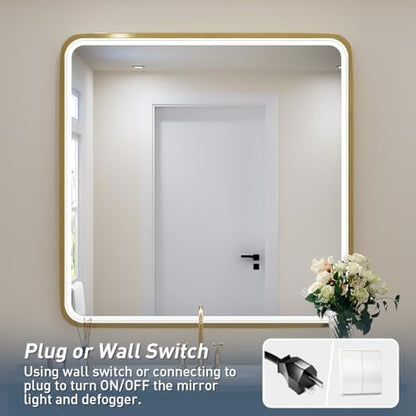 36X36 Inch LED Gold Frame Bathroom Mirror, ETL Listed