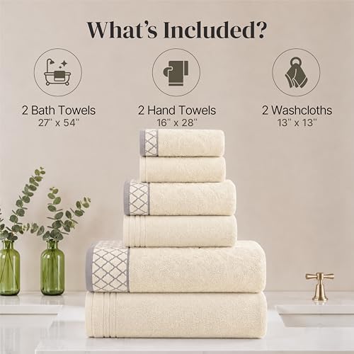 Modern Threads 6 Piece Bath Towel Set – Bathroom Towel Set with 2 Bath Towels, 2 Hand Towels & 2 Washcloths – 100% Cotton, Soft & Absorbent – Diamond Border (Ivory Cream)