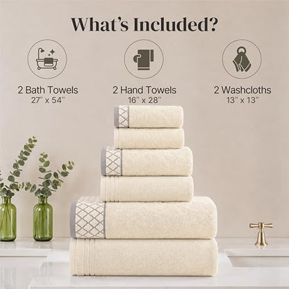 Modern Threads 6 Piece Bath Towel Set – Bathroom Towel Set with 2 Bath Towels, 2 Hand Towels & 2 Washcloths – 100% Cotton, Soft & Absorbent – Diamond Border (Ivory Cream)