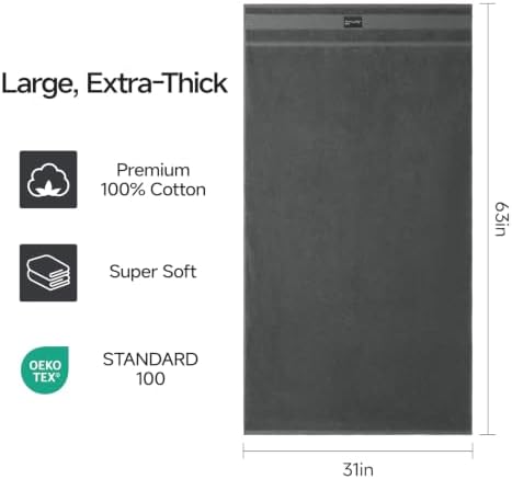 REDKISS 4 Pack Large Bath Towels Set, 100% Cotton, 31x63 in, Heavyweight 760G, Highly Absorbent & Quick Dry, Super Soft Luxury Towels for Bathroom,Hotel Collection - Dark Gray