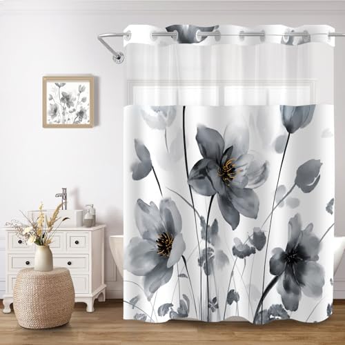 No Hook Shower Curtain and Liner Set, Black Boho Floral 71x77
