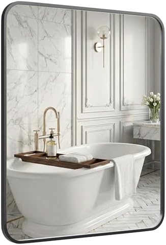 30x36 Inch Matte Black Rounded Rectangle Bathroom Vanity Mirror