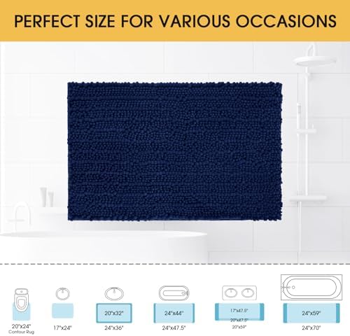 ACCUMTEK Upgrade Luxury Navy Blue Bathroom Rug Mat 48"x17", Ultra Soft Thick Absorbent Bath Mats, Non Slip Chenille Toilet Mat for Bathroom, Bedroom, Kitchen, Shower, Tub