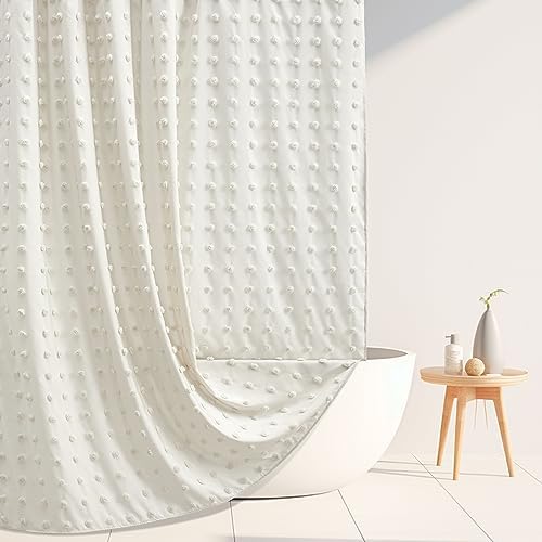 Extra Long Boho Farmhouse Cream Shower Curtain Woven Fabric Ivory Shower Curtain, 72 x 78 Tufted Pleat Floral Puffs Textured Modern Farmhouse Minimalist Shower Curtain Set with Hooks for Bathroom