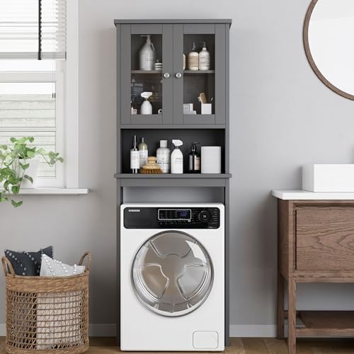 Shintenchi Over the Toilet Storage Cabinet, Bathroom Shelf Organizer with Anti-Tip Device Small Freestanding Space Saver with Adjustable Shelf and Glass Door, Gray