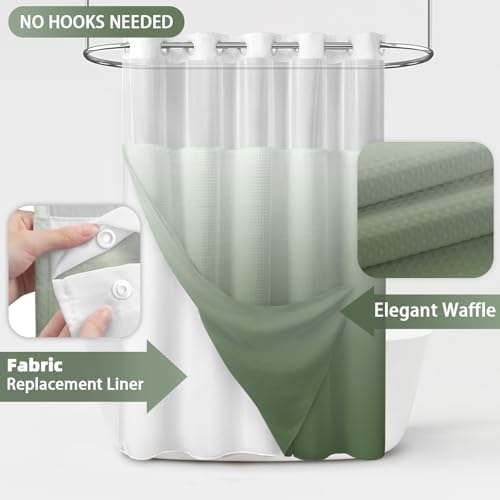 No Hook Shower Curtain with Liner Set Hotel Waffle Ombre Green 72W X 75L