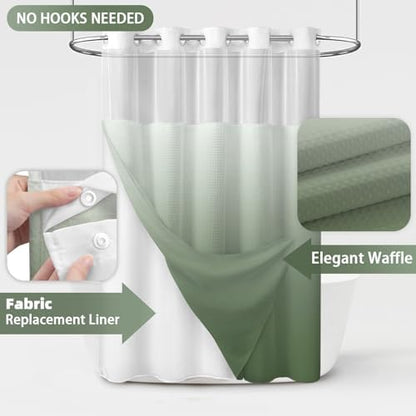 No Hook Shower Curtain with Liner Set Hotel Waffle Ombre Green 72W X 75L