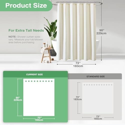 Dynamene Extra Long Waffle Shower Curtain 256 GSM Fabric 72x90 Cream/Ivory