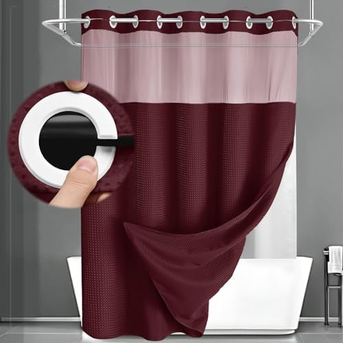No Hook Shower Curtain with Liner Set Hotel Waffle Burgundy 72W X 75L