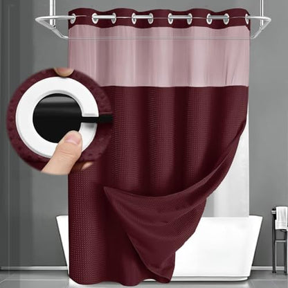 No Hook Shower Curtain with Liner Set Hotel Waffle Burgundy 72W X 75L