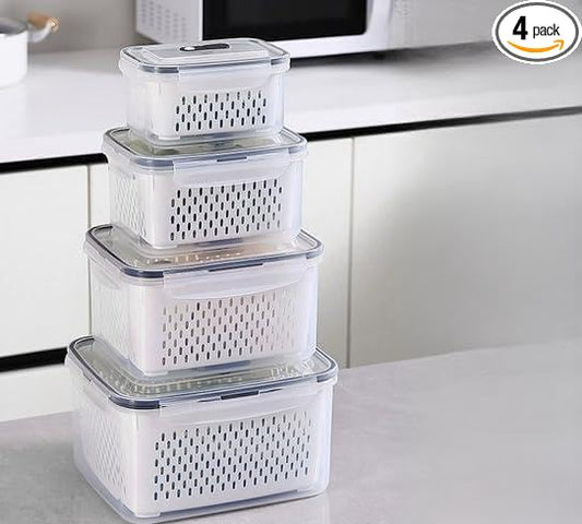 KUK 4 Pack Fruit Storage Containers for Fridge, Leakproof Food Containers with Removable Colander, Fruit Containers for Fridge BPA Free Produce Containers Keep Vegetables Berry Meat Fresh Longer
