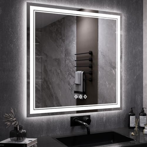 LED Mirror, 40x40 Inch Gradient Front and Backlight Bathroom Mirrors for Wall, 3 Colors Dimmable CRI>90 Double Lights, IP54 Enhanced Anti-Fog, Hanging Plates Wall Mount LED Vanity Mirror