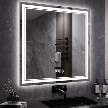 LED Mirror, 40x40 Inch Gradient Front and Backlight Bathroom Mirrors for Wall, 3 Colors Dimmable CRI>90 Double Lights, IP54 Enhanced Anti-Fog, Hanging Plates Wall Mount LED Vanity Mirror