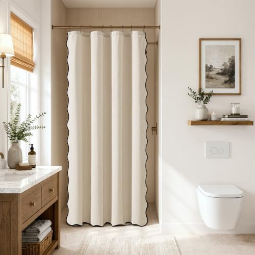 MIULEE Cream Scalloped Linen Shower Curtain 48x72 Inches