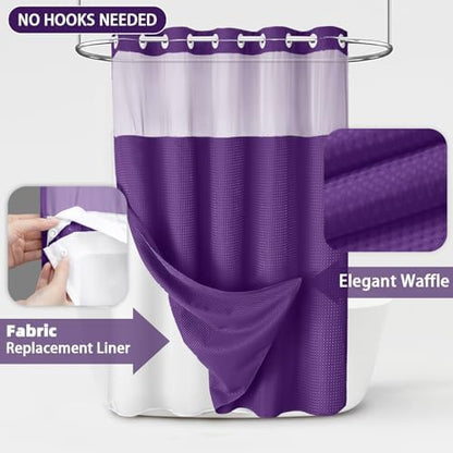 No Hook Shower Curtain with Liner Set Hotel Waffle Deep Purple 72W X 75L