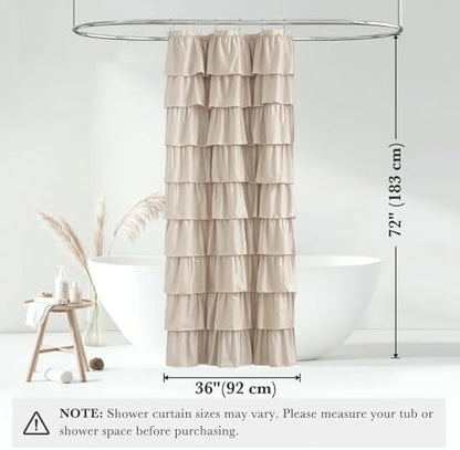 Seasonwood Small Beige Ruffle Shower Curtain Natural Farmhouse, 36"x72"