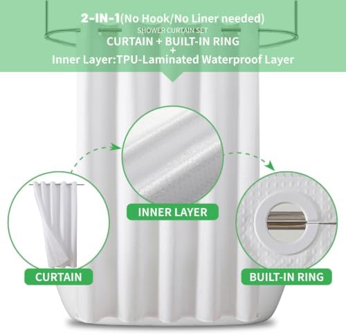 eachope No Hook Waffle Shower Curtain, No Liner Needed, 71x74 Inch, White