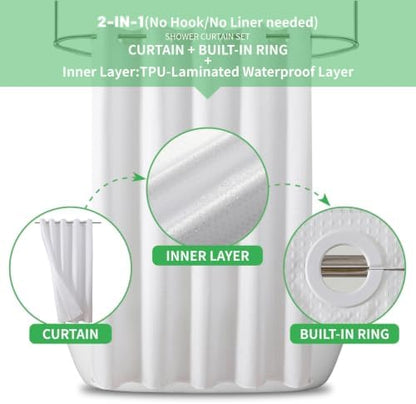 eachope No Hook Waffle Shower Curtain, No Liner Needed, 71x86 Inch, White