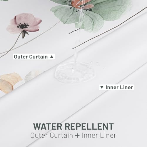 WITHLOC No Hook Floral Shower Curtain with Liner, Sage Green, 71x74