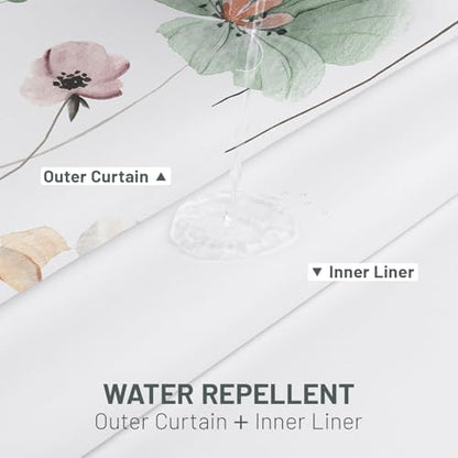 WITHLOC No Hook Floral Shower Curtain with Liner, Sage Green, 71x74