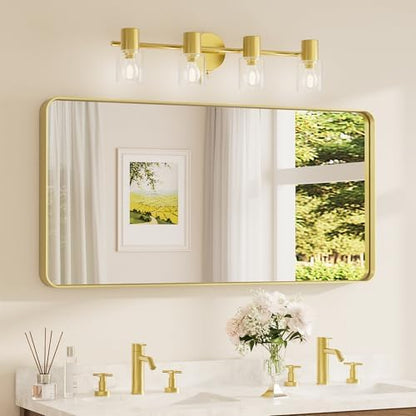 TETOTE 48 x 24 Inch Brushed Gold Frame Mirror, Brass Bathroom Vanity Mirror for Wall, Modern Rectangle Round Corner Matte Framed Mirror (Horizontal/Vertical)
