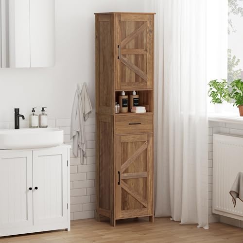 Homhedy 67" H Tall Bathroom Storage Cabinet with Barn Doors and Drawer