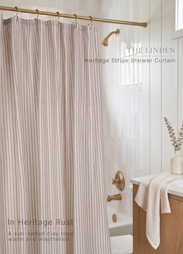 Farmhouse Striped Shower Curtain - Extra Long 72x84 Inches, Linen Blend Fabric, Breathable & Machine Washable, Rustic Rust for Bathroom Decor (Hooks/Liner Not Included)