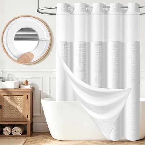 Dynamene White Hook Free Waffle Shower Curtain & Snap-in Fabric Liner,72x78