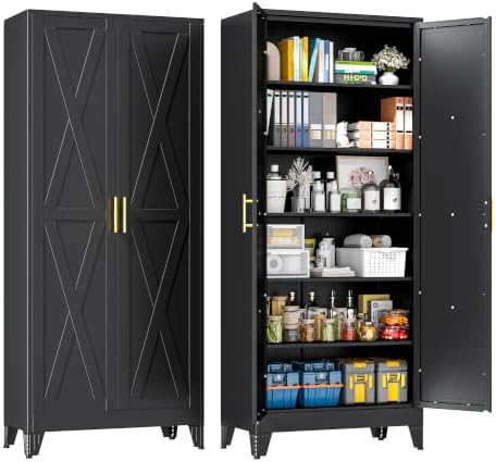 75" Metal Storage Cabinet with 2 Doors and 5 Adjustable Shelves,Black Farmhouse Kitchen Pantry Cabinet,Steel Garage Tool Cabinet,File Cabinetfor Home,Office,Dinning Living Room,Warehouse