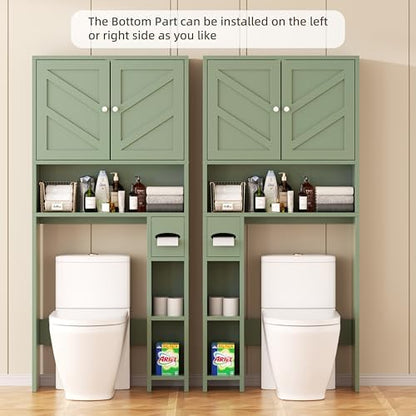 Shintenchi Over the Toilet Storage Cabinet, Bathroom Storage Cabient with Barn Doors, Bathroom Storage Shelf Organizer with Toilet Paper Holder, Adjustable Shelf and Anti-Tip Device, Green