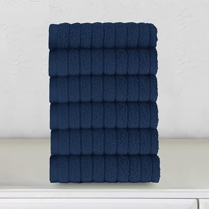 Elegant Comfort 100% Turkish Cotton Corduroy Ribbed Luxury Washcloths 6 Pack Soft 13 x 13 Inch - Higly Absorbent, Durable, Quick Dry, Spa Premium Hotel Quality for Bathroom or Travel, Navy