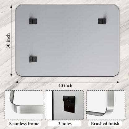 40X30 Inch Silver Metal Framed Bathroom Mirror for Wall,HD Tempered Glass