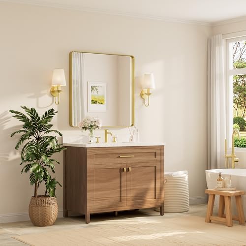TETOTE 36 x 36 Inch Gold Mirror for Bathroom, Brushed Brass Wall Mirrors Metal Frame Square Modern Shatterproof Decorative Vanity Mirror for Living Room Entryway