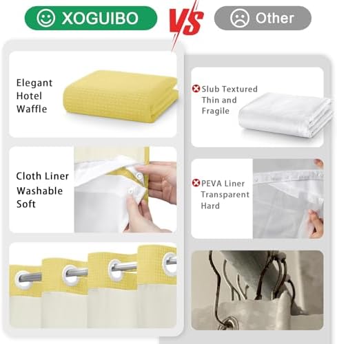 No Hook Shower Curtain with Liner Set Hotel Waffle Curtain Yellow 72W X 75L