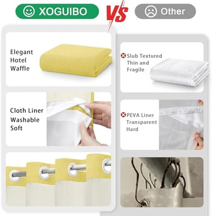 No Hook Shower Curtain with Liner Set Hotel Waffle Curtain Yellow 72W X 75L