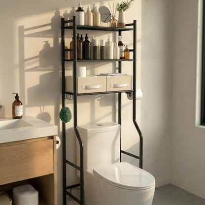 GloTika 3-Tier Over Toilet Storage, Anti-Tilt, 64" H, Black, 2 Baskets