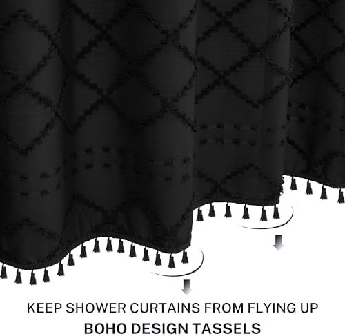Boho Black Woven Fabric Shower Curtain with Tassels 60 x 72 Modern Farmhouse Minimalist, Tufted Chevron Striped Shabby Chic Textured, Water Resistant Cloth Curtain for Bathroom, Hotel Decor