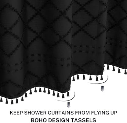 Stall Boho Black Woven Fabric Shower Curtain with Tassels 42 x 72 Modern Farmhouse Minimalist Tufted Chevron Striped Shabby Chic Textured, Water Resistant Curtain for Bathroom, Hotel Decor