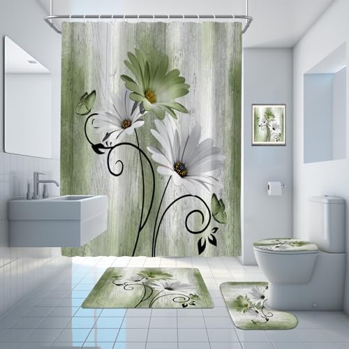 Onalasyc 4PCS Grass Green Daisy Bathroom Sets with Shower Curtain and Rugs