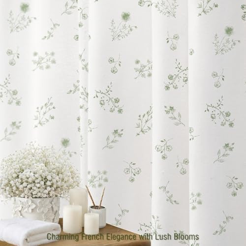 Sage Green Floral Farmhouse French Vintage Cotton Shower Curtain 72Wx72H
