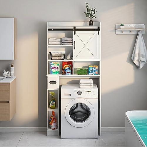 Vabches Over The Toilet Storage Cabinet with Sliding Barn Door. White