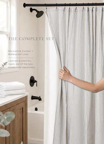 Farmhouse Striped Shower Curtain - 72x72 Inches, Linen Blend Fabric, Breathable & Machine Washable, Rustic Heirloom Blue for Bathroom Decor (Hooks/Liner Not Included)