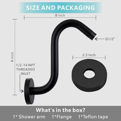 Shower Head Extension Arm with Flange, S Shaped High Rise Gooseneck Showerhead Riser Pipe, Universal Standard 1/2" Connection - Bathroom Accessory (8 Inch, Matte Black)