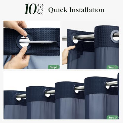 Dynamene Navy Blue Hook Free Waffle Shower Curtain & Snap-in Liner,72x81