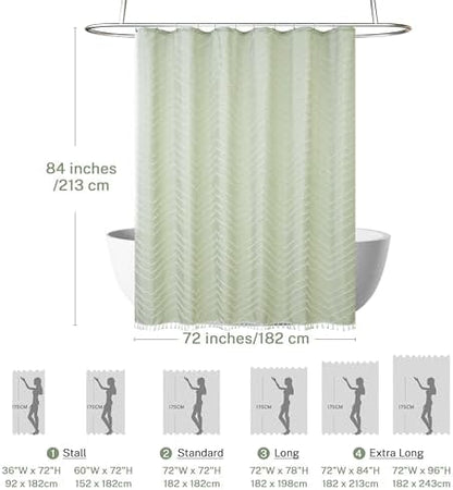 Siiluminisoy Extra Long Sage Green Boho Shower Curtain with White Tassel, Woven Fabric 84 in Shower Curtain, Tufted Chevron Striped, 72 x 84, Modern Chic Textured Minimalist Bathroom Shower