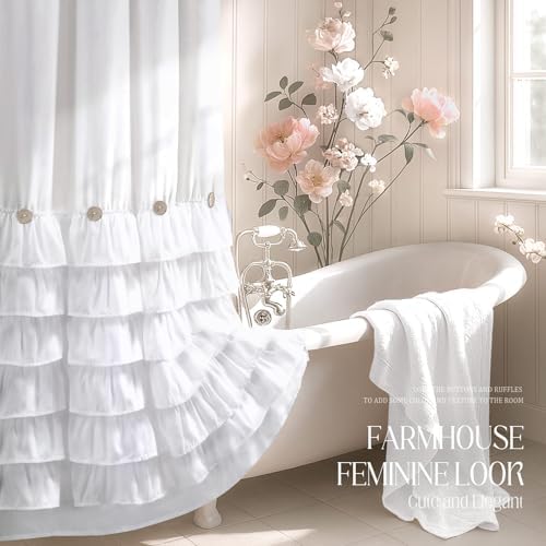 Ruffle Farmhouse Shower Curtain, White Vintage Shower Curtains for Bathroom Fabric Cute Rustic Cloth, 72" W X 72" L Inch