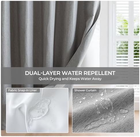 River Dream Linen Textured No Hooks Shower Curtain with Liner,Grey,71x74