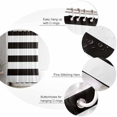 Shower Curtain Bathroom Set Minimalistic Black White Waterproof Shower Curtains with Grommets Hooks Chic Stripes Privacy Bath Curtain for Bathtub Decor 60x72in