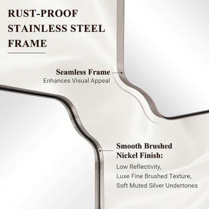 ANDY STAR 24x48 Inch Bathroom Mirror, Brushed Nickel Rectangle Mirror, Scalloped Mirror for Bathroom Sink, Rust-Poof Stainless Steel Thin Frame, Rounded Notched Corners Design