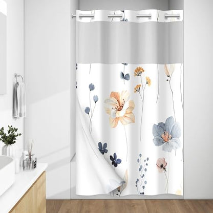 WITHLOC No Hook Floral Shower Curtain with Liner, Blue Beige, 54x80